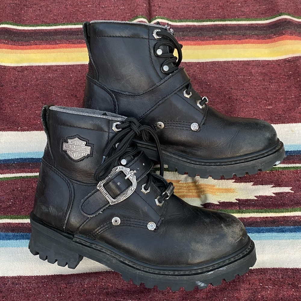 Vintage Harley Davidson Lace Up Chunky Lug Sole Black Combat Biker Moto Boots